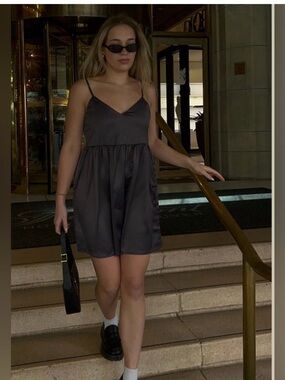 Brunette The Label Satin Mini Dress Black NWT Size M/L Babydoll Slip Style